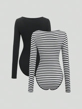 2pcs Black & Black-White Striped Square Neck Long Sleeve Bodysuit Set